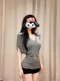 Lazy Wind Loose Thin V-Neck Short-Sleeved T-Shirt Girl 2025 New Bat Sleeves With Fashion Temperament