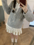 Autumn Soft Glutinous Jace Bow V-Neck Gray Sweater Sweet Loose Lazy Knitted Shirt Winter