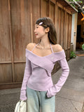 Pure Desire To Put A Word Shoulder Hanging Shoulder Hanging Long-Sleeved Knitted Shirt Women 2026 Autumn Irregular Cross Splicing Top