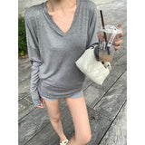 V Collar Bat Sleeve T-Shirt Scimitsed Twist Stacked Long-Sleeved Tee2025 New Thin Low-Collar Top Woman
