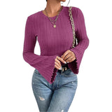2026 New 8X4 Pit Gruffing Round Collar Women's Blouse Fashion Burst Long-Sleeved Lady T-Shirt