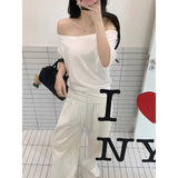 White Oblique Shoulder Short Sleeves Shoulder Collared Sexy T-Shirt Girl Summer Sweet Hot Girl Loose Meat Mask Top