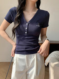 Blue Shoulder V-Neck Chic Embroidered Short-Sleeved T-Shirt For Women's Summer New Design-Scuffed Shoal Blouse