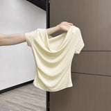 Sweet Sister Pure Want To Expose The Collarbone Word Shoulder Apricot Color Short-Sleeved T-Shirt Girl Summer New Two-Ded Waist Small Top