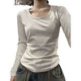 White Flower Ash U Collar Shoulder Long-Sleeved T-Shirt Women Autumn And Winter Cotton And Thin Velvet In Low-Collar All-In-Bottom Small Shirt Top