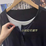 Small Buckle Fake Two T-Shirt Women's Long Sleeve Early Autumn Design Sense Of Small Bumpy Loose Top Inside The Bottom Shirt