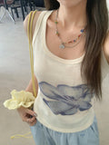 Summer Small Blue Flower Dye Irregular Hem Sling Sling Vest Women 2026 New Folded Waist Design Blouse