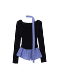 Fake Two Lattice Splicing A Shoulder-To-Shoulder Shirt Women's Autumn And Winter 2026 New Unique Special Hot Girl Top