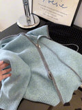 Lazy Blue Double Zipper Hooded Sweater Jacket Woman 2025 Korean Loose Soft Glutinous Outside Knitted Shirt