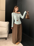 Green Babes Oblique Shoulder-To-Shoulder Letter Embroidered Long Sleeve-Bottomed Shirt Woman 2026 Autumn Folding Waist Splicing Top