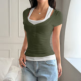 Dili Y2K Hot Girl Wind Fake Two Slings Short-Sleeved T-Shirt Women's Clothing 2025 Summer