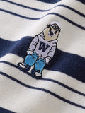 Pure Cotton Bear Embroidered Striped Spring And Autumn Long-Sleeved T-Shirt Woman 2025 New Loose Tie Bottom Collar On The Clothes
