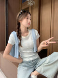Sweet Little Fresh Striped Round-Neck Short-Sleeved T-Shirt Girl 2026 Summer Slimming Small Jacket Short Top