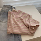 Short-Sleeved T-Shirt For Women 2025 Summer Fruit Green Stripes New Loose Shoulder Unique Comfortable Tuck