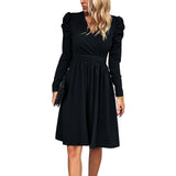 Dili 2025 Autumn And Winter Women's Temperament Elegant And Clean Color V-Neck Long-Sleeved Dress