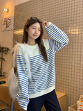 Blue And White Hit Striped Knitted Sweater Women's Autumn Winter Loose Lazy High-End Feeling In The Bottom Shirt