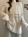 Lazy Wind Gray V-Neck Sleeve Sweater Coat Woman 2025 Autumn/Winter Large-Size Fatmm Knitted Sweater Soft-Gried Top