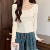 White Flowers Gray Shoulder Long-Sleeved T-Shirts For Autumn And Winter Design Feel Big Neck-To-Mouth Hot Girls Pure Desire Short-Term Bottom To Put On The Top Of The Coat