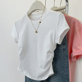 Grey Shoulder Short-Sleeved T-Shirt Women 2025 Summer New Folds To Receive Skinny Hottie Short Cotton Top