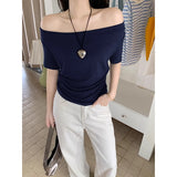 Sweet Sister Pure Want To Expose The Collarbone Word Shoulder Apricot Color Short-Sleeved T-Shirt Girl Summer New Two-Ded Waist Small Top