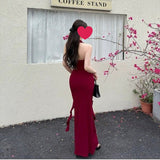 French Elegant Red Hanging Neck Sling Dress Women Summer New Hottie Sexy Back Temperament Waist Dress