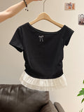 Red Oblique Shoulder Bow Design Sense Short-Sleeved T-Shirt For Women's New Lace Lace Splicing Tops In Summer 2026
