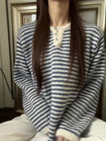 Korean Vintage High-Sense Blue Striped Long-Sleeved Knitted Sweater Women's Autumn And Winter 2025 Loose Coat
