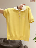 Super Nice Cute Embroidery POLO Collar Knitted Shirt Summer New Button Hood Repair On The Shoulder Short Sleeve Top