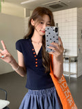 Tibetan Blue V-Neck Button Front Shoulder Design Feeling Short-Sleeved T-Shirt 2026 Summer New Fashion To Reduce The Beauty Of The Top