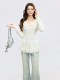 Korean Apricot Sweet Lace V-Neck Long-Sleeved T-Shirt For Women 2026 Spring Ballet Style Bottom Lace Jersey