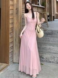 French Pink Sling Skirt Sleeveless Dress Women's Summer Small Net Yarn Waist Temperament Seaside Holiday Long Skirt