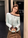 Green Babes Oblique Shoulder-To-Shoulder Letter Embroidered Long Sleeve-Bottomed Shirt Woman 2026 Autumn Folding Waist Splicing Top