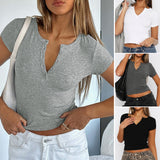 Dili 2025 Spring/Summer Y2K Sexy Thread Repair V-Neck Solid Color Knitted Short Sleeve T-Shirt T-Shirt