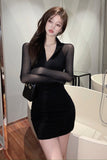 Pure-Want Hottie Sexy V-Neck Mesh Stitched Collar Collar Collar Collar Collar Knitting Inside The Knitting Body Slimming-Blanking Dress