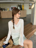 Spring And Autumn French Small Through The Wooden Ear V-Neck Long Sleeves Women Pure Thin Sunscreen Hoodie Loose T-Shirt High-End Feel Top