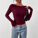 Women's Long Sleeve 2025 Autumn Word Collar Basic T-Shirt Casual Rib Knitted Corrugated Tribs