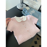French Sweet And Gentle Pink Doll Collar Knitted Short-Sleeved T-Shirt For Girls Summer New Slimming Temperament Top