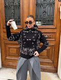 New Niche Print Casual Languid Knitted Collar Zip Open-Sleeved Sweater