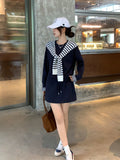 Tibetan Blue Design Sense Retro Splicing Long-Sleeved Shawl Women 2026 Autumn New With Striped Shawl Set