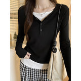 Fake Two Splicing Long-Sleeved Women's T-Shirts In Autumn To Put On The Waist To Show Skinny Exquisite Bottom Shirt Top