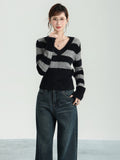 Crash Color V-Neck Striped Around The Neck Long-Sleeved Knitted Shirt Women's Autumn And Winter Coat Wearing Sweaters And Bottoms Inside The Shirt