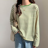 Striped Long-Sleeved T-Shirt Women 2026 Spring And Autumn New Loose Cotton Green Thin Bottom Shirt Inside The Top