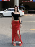 Lotus Leaf-Rimed Flower Dresses Women's Mid-Summer High-Rise Thin Buffet Dress Red Irregular Opening Fork Dress