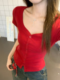 Hottie Sexy Peach Heart Collar Short-Sleeved T-Shirt Girl Summer New Niche Slime Shoulder Short Top