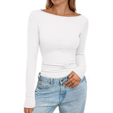 2025 Autumn And Winter Boat Collar Ribs Jersey Folding Body Out Of The Coat Leisure Basic T-Shirt
