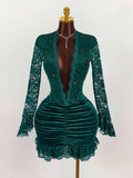 New Fashion Temperament Long-Sleeved Lace Spliced Solid Color Folds Deep V Bag Hip Skirt Dress Dress Woman