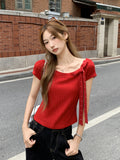2026 Summer Super Beautiful A Beautiful Word Love Bow Red Short-Sleeved T-Shirt Girl Slime Top