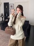 Sweet Hottie Beige Word Shoulder-To-Shoulder Long-Sleeved Sweater Women's Autumn And Winter New Korean Wear Knitted Bottom Shirt Top