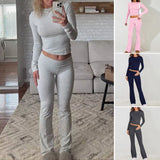 Dili Women's Clothing 2025 Spring And Summer Casual Solid Color Long-Sleeved Knitted Trousers Set