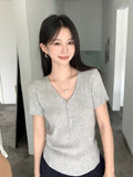 Casual Simple Solid Color Half-Open Collar Leakage Collar Collar Short-Sleeved T-Shirt Women's Summer New Thin Temperament Knitted Shirt Top